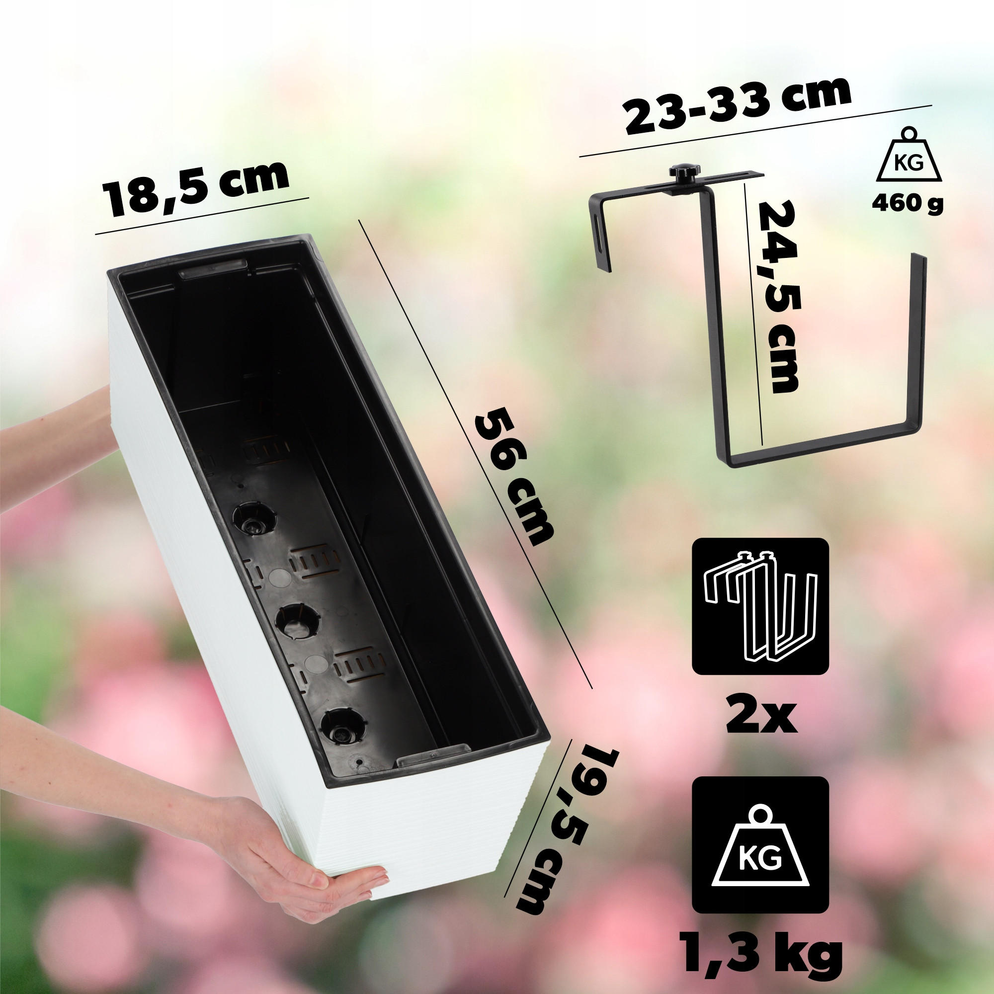 BALKONBLUMENTOPF mit Einsatz und 2 Griffe 56 cm, Weiß - Weiß, Kunststoff (18/56cm) - KADAX