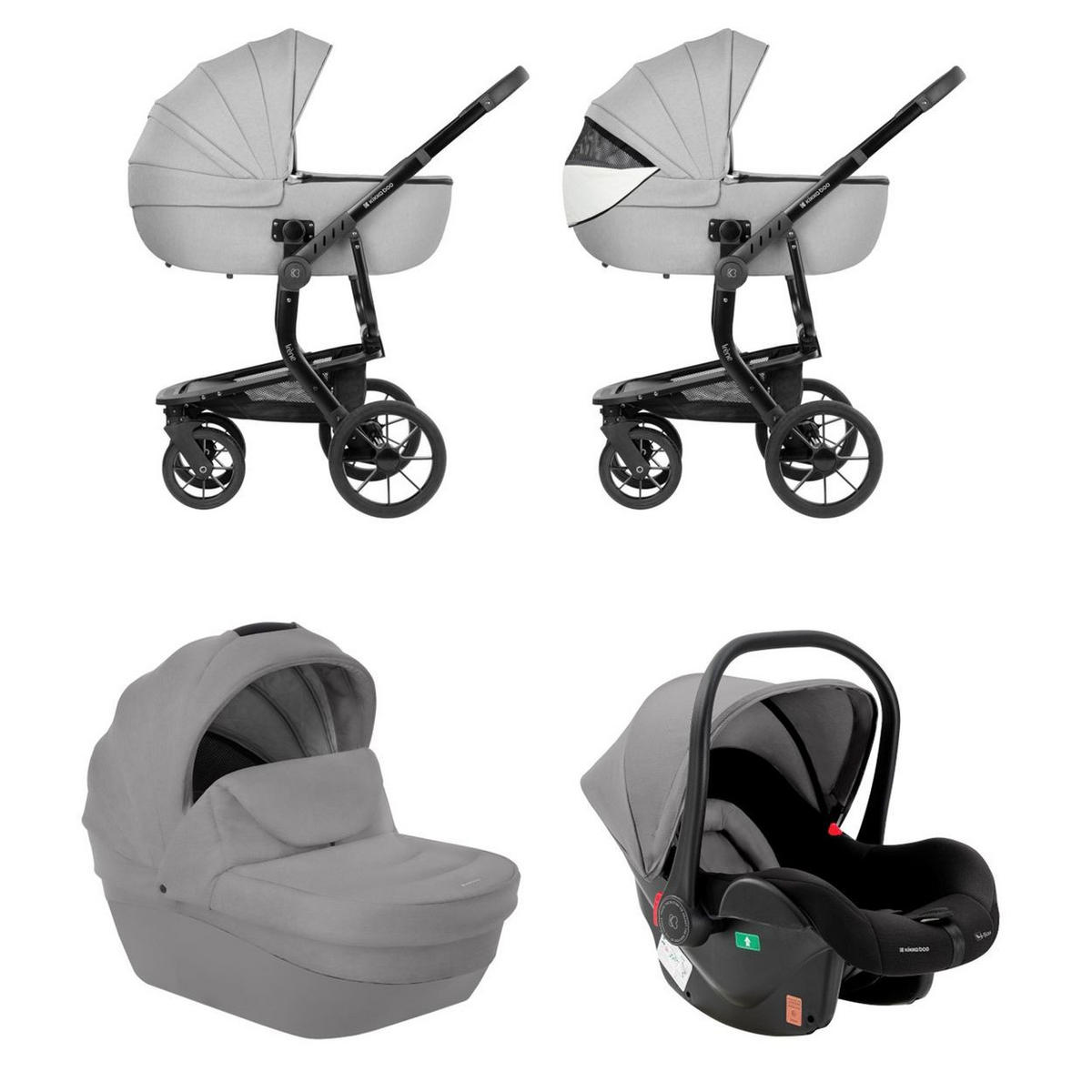 KOMBIKINDERWAGEN Irene 3 in 1 grau/schwarz Babywanne Autositz Adapter Wickeltasche - Grau, Metall (63/63/107cm) - Kikka boo