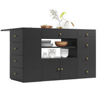 KÜCHENINSEL 140x70x89cm Schwarz mit 6 Schubladen, Hocker & Metallgriffen - Schwarz, Holzwerkstoff (140/89/70cm) - Modfu