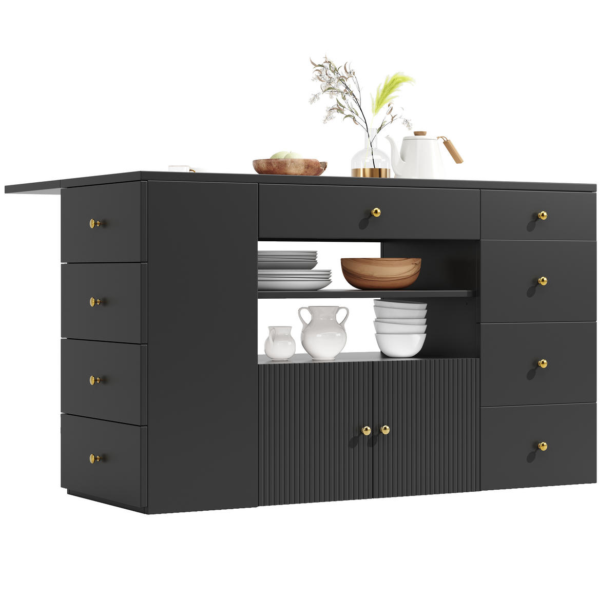 KÜCHENINSEL 140x70x89cm Schwarz mit 6 Schubladen, Hocker & Metallgriffen - Schwarz, Holzwerkstoff (140/89/70cm) - Modfu