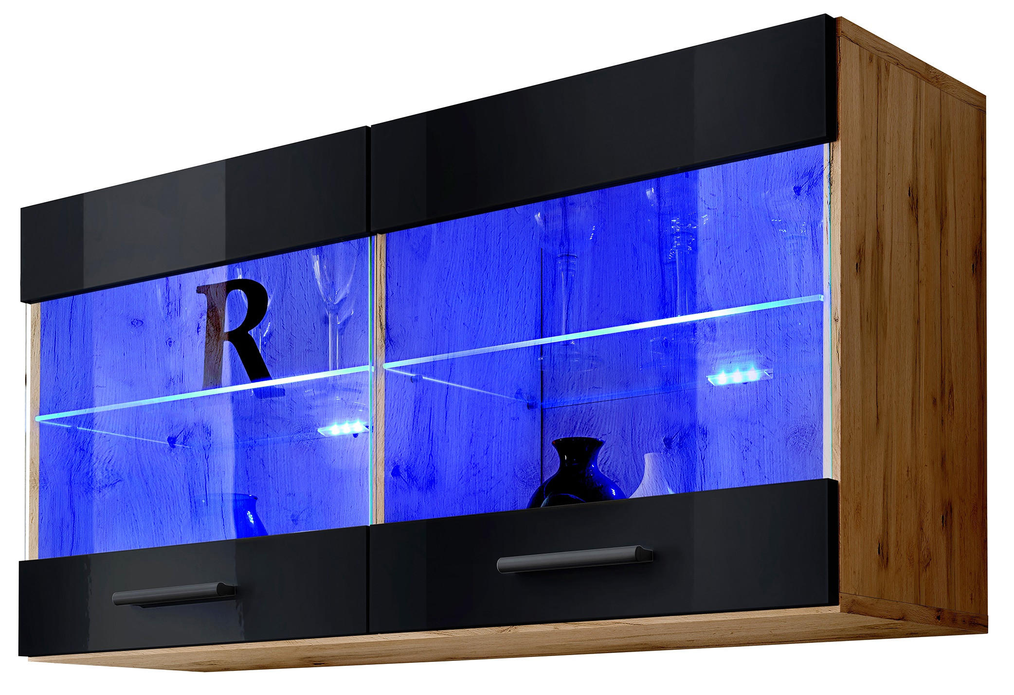 HÄNGEVITRINE SAVONA, Schwarz, LED Blau - Eiche Wotan/Schwarz, Glas/Holzwerkstoff (100/50/27.2cm) - Komodee