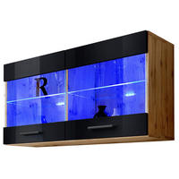 HÄNGEVITRINE SAVONA, Schwarz, LED Blau - Eiche Wotan/Schwarz, Glas/Holzwerkstoff (100/50/27.2cm) - Komodee