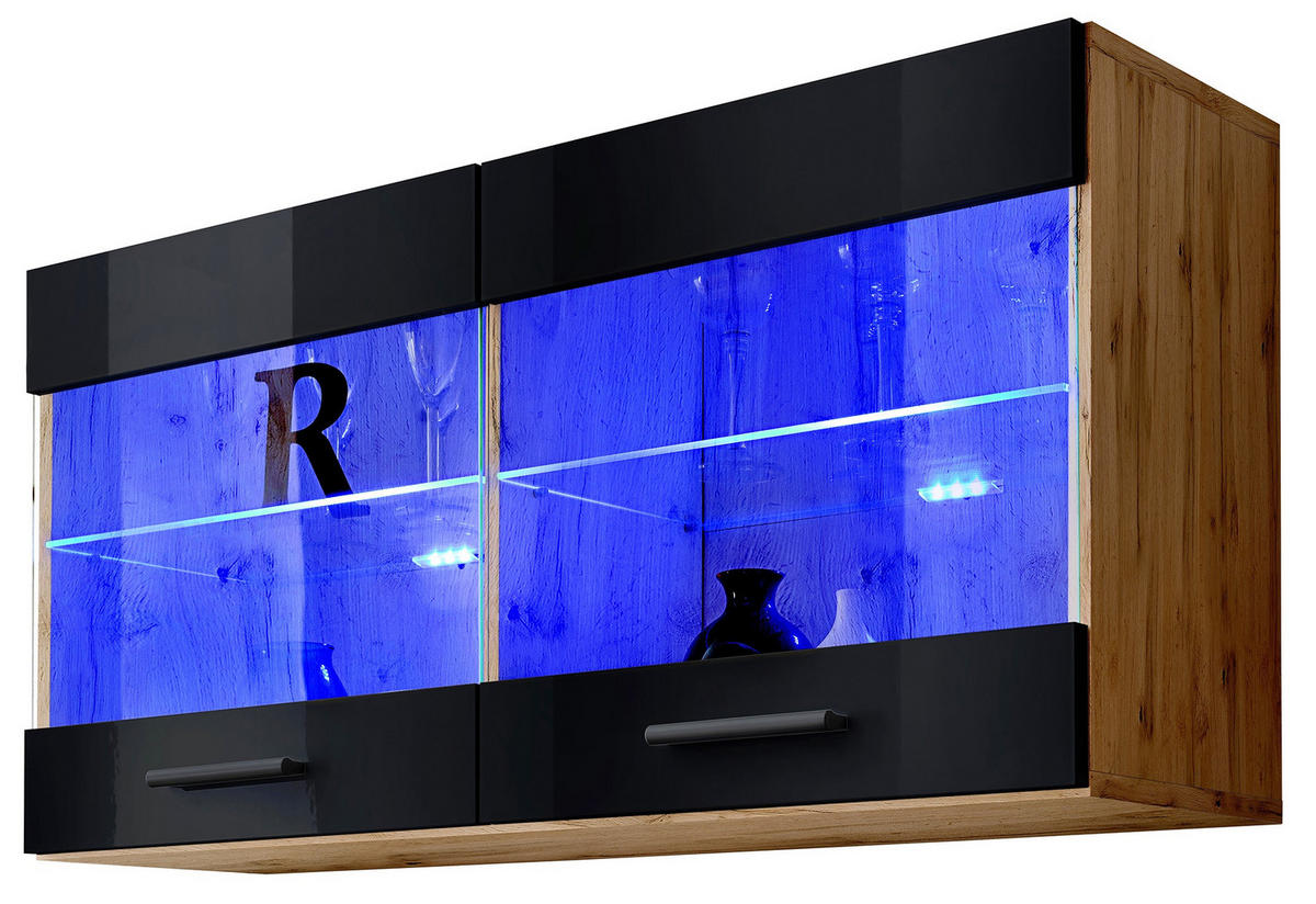 HÄNGEVITRINE SAVONA, Schwarz, LED Blau - Eiche Wotan/Schwarz, Glas/Holzwerkstoff (100/50/27.2cm) - Komodee