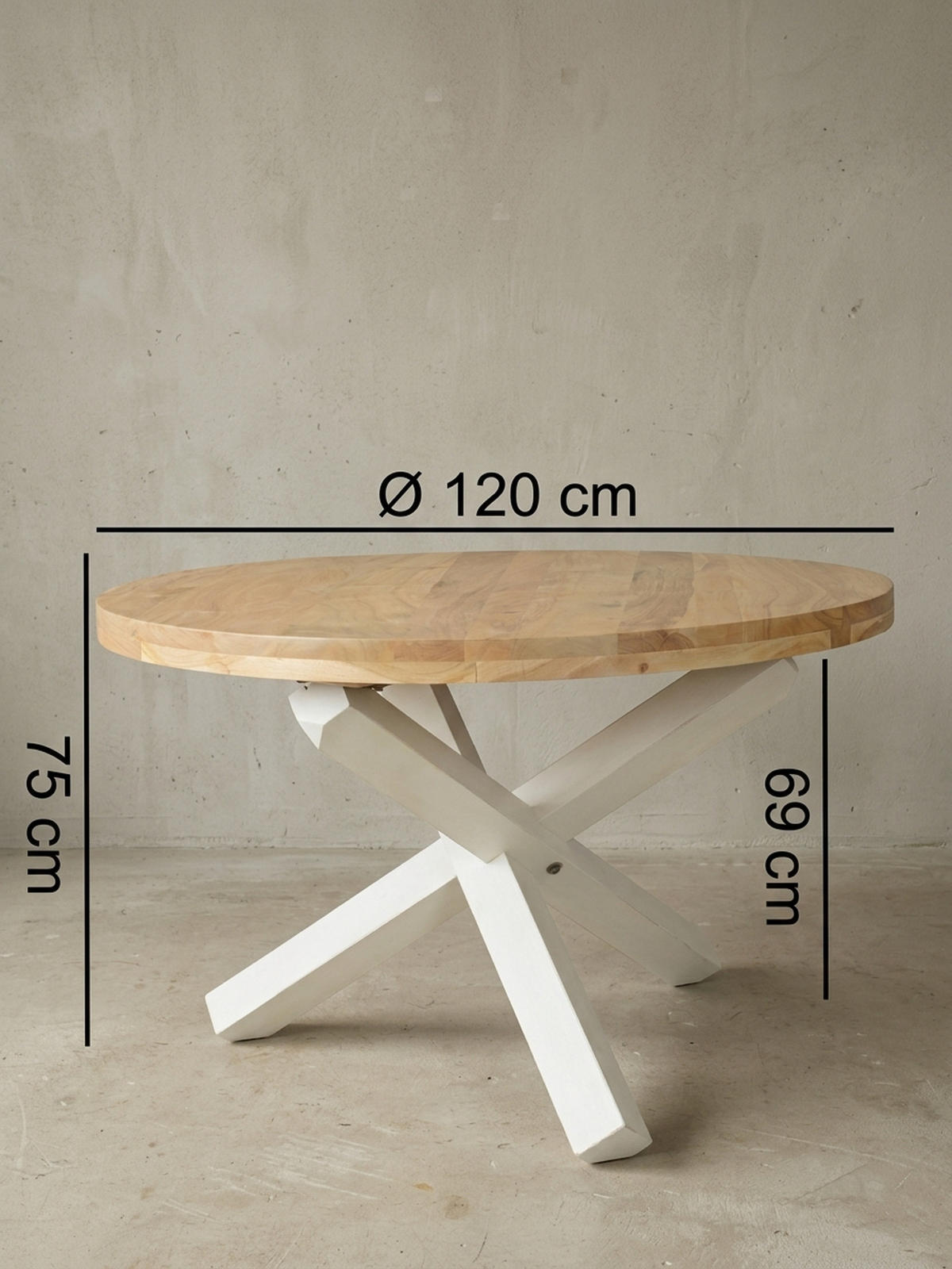 ESSTISCH Massivholz Rund Kreuzbeine Handgefertigt TEKO, Beige 120x120x75 cm - Beige/Weiß, Holz (120/120/75cm) - KADIMA DESIGN