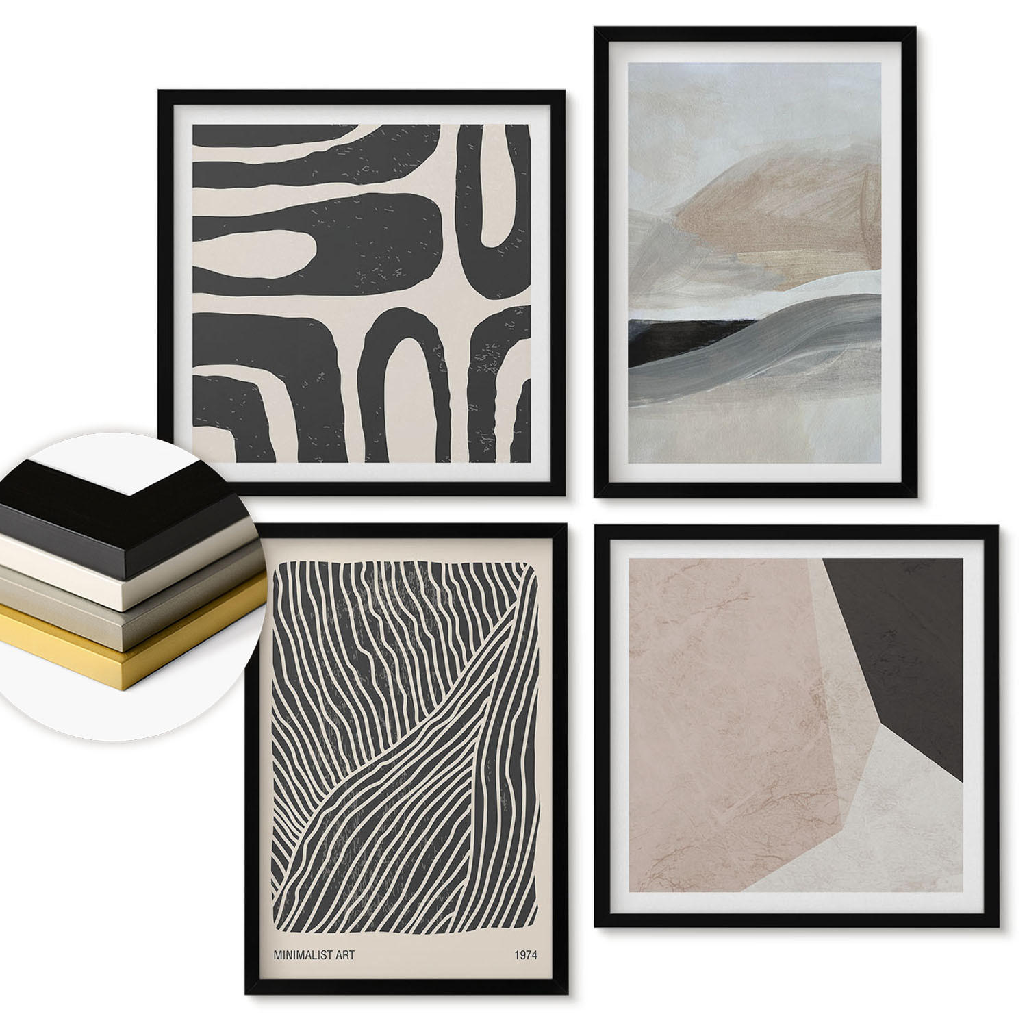 WANDBILDER 4er-Set - 50x50 cm & 40x60 cm Schwarzer Rahmen - Abstrakte Boho-Dekorationsmuster - Schwarz, Kunststoff (50/50cm) - ArtPrintCave