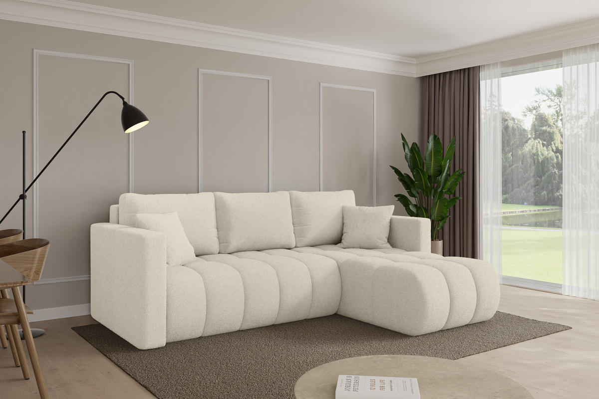 ROHOVÁ SEDAČKA s funkcí spaní, otoman vpravo GARD-L 226x146x85 béžová bouclé - černá/písková barva, kompozitní dřevo/textil (226/146cm) - ALTDECOR