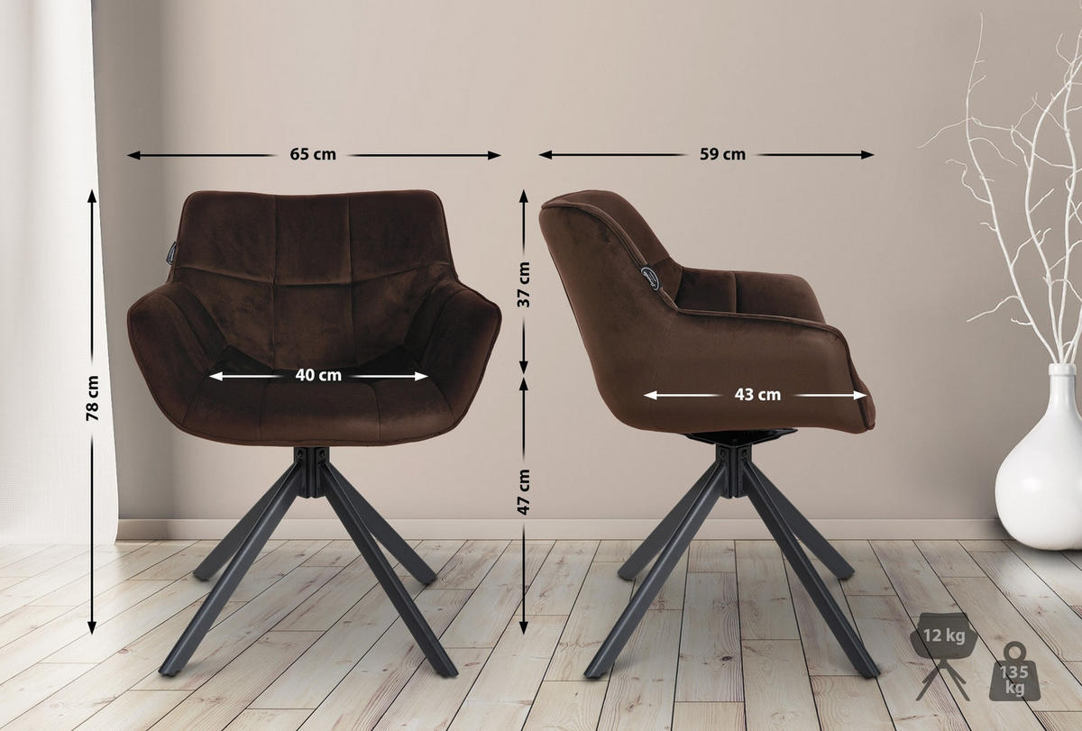 STUHL Samt braun - Schwarz/Braun, Textil/Metall (65/78/59cm) - CLP
