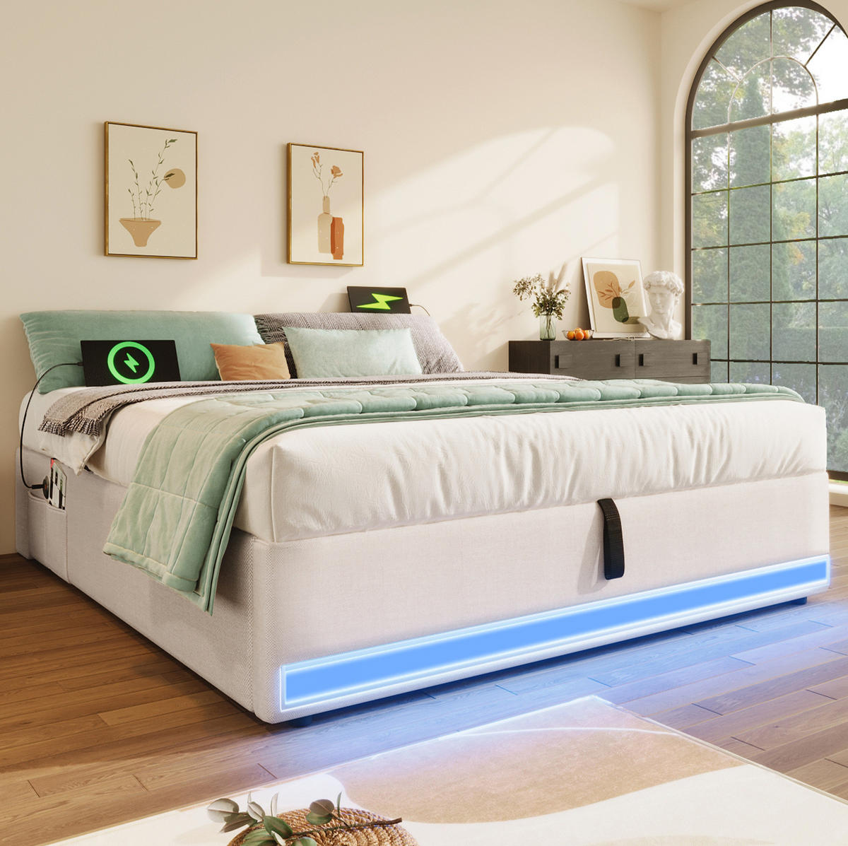 POLSTERBETT 140/200 cm Beige aus Leinen mit LED-Leiste und Bettkasten - Beige, Textil (140/200cm) - OKMYHOME