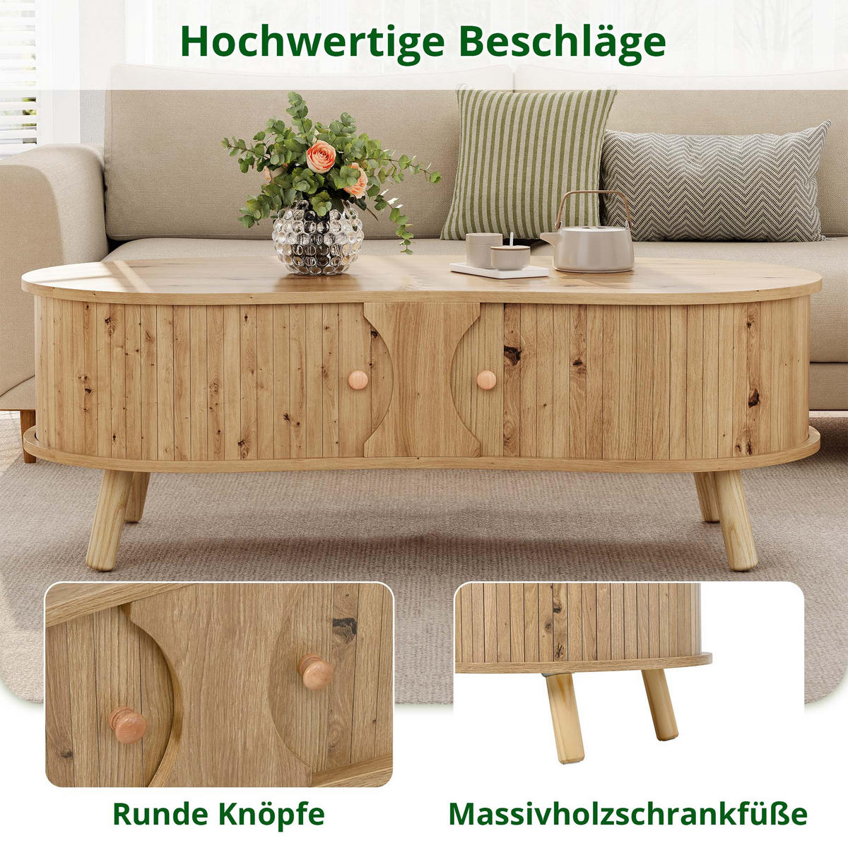 COUCHTISCH in Holzoptik Wohnzimmertisch mit Schiebetüren und Massivholzbeine, B108/T50/H37cm - Hellbraun/Naturfarben, Holzwerkstoff (50/108/37cm) - STILVORA