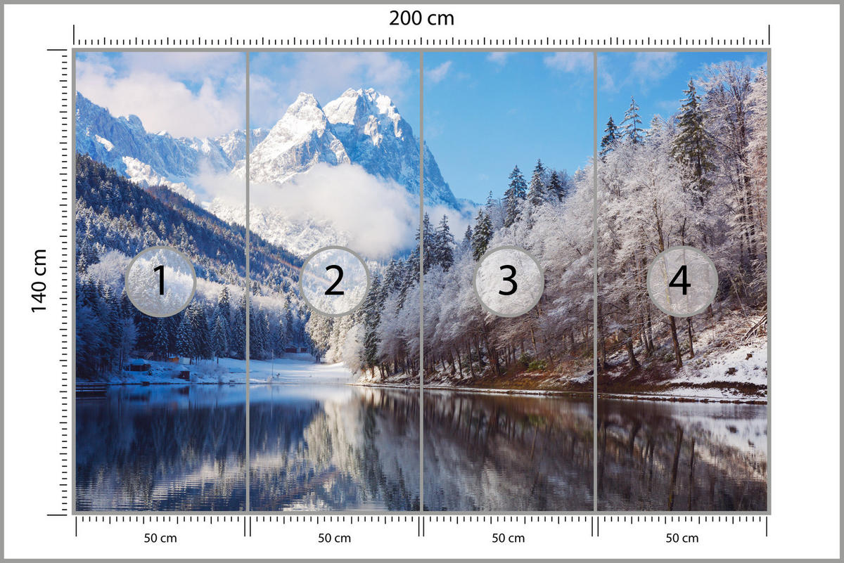 FOTOTAPETE für Wohnzimmer Winterberglandschaft See Nadelwald Schnee 200x140 - Blau/Braun, Papier (200/140cm) - Muralo