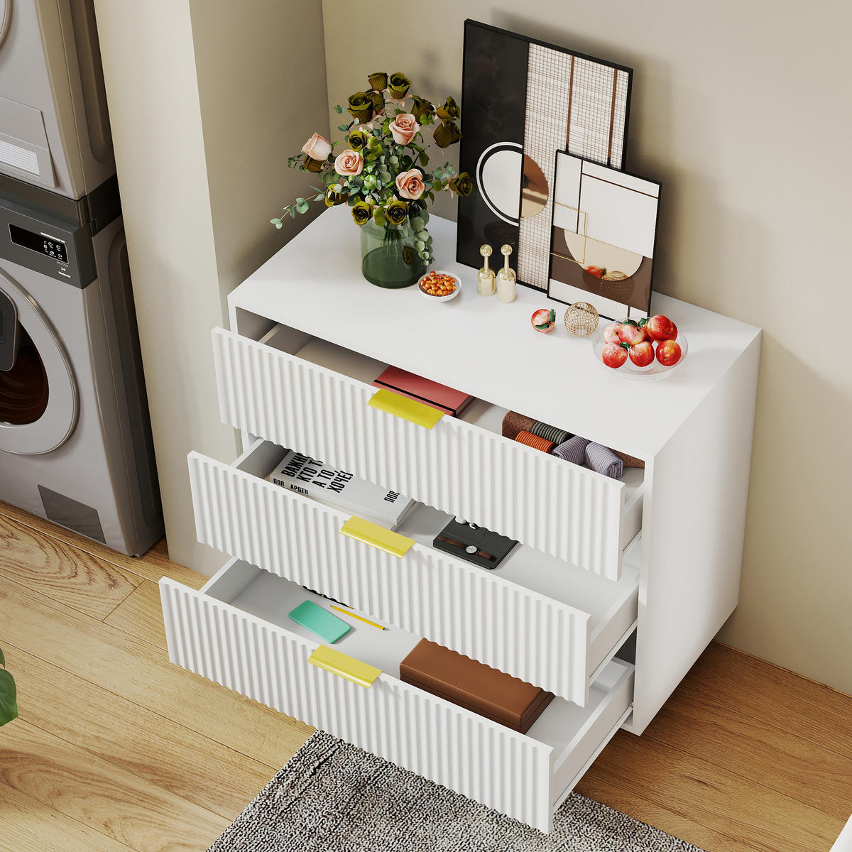 SIDEBOARD in Weiß Kommode mit 3 Schubladen und modernem Design für Wohnzimmer, B80/T40/H72cm - Goldfarben/Weiß, Holzwerkstoff/Metall (80/72/40cm) - STILVORA
