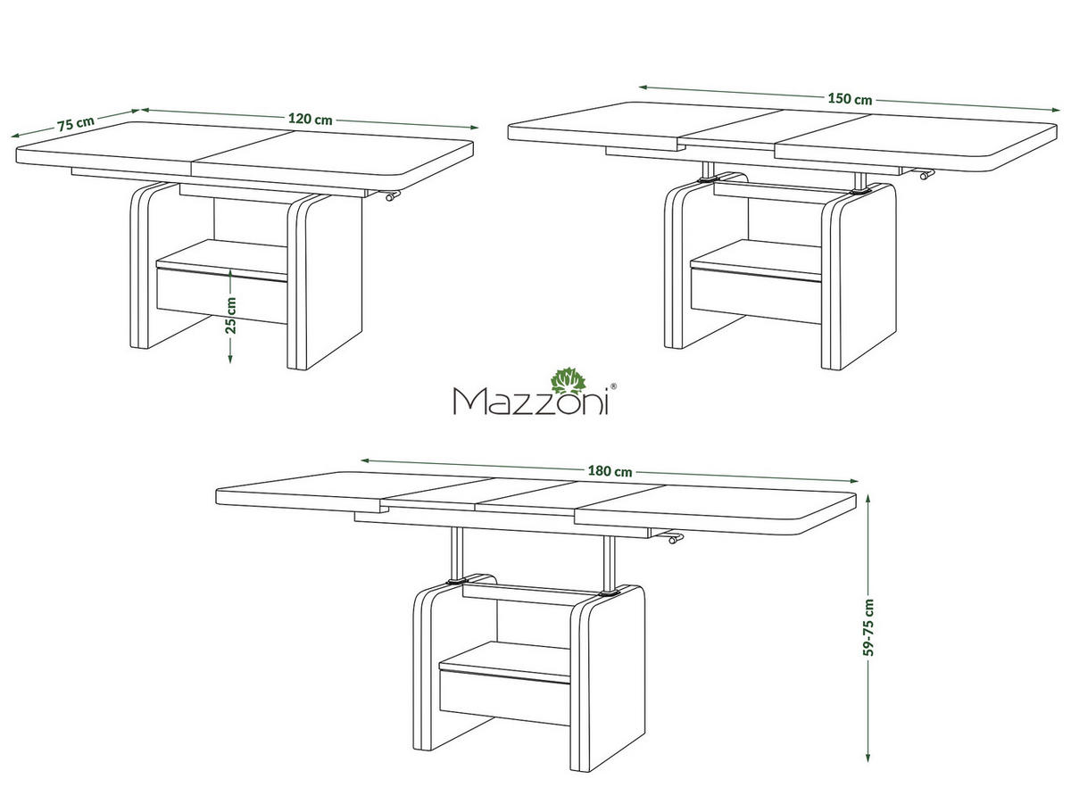 COUCHTISCH rechteckig Sonoma Eiche - Weiß höhenverstellbar ausziehbar - Weiß/Sonoma Eiche, Holzwerkstoff (75/180/75cm) - designimpex