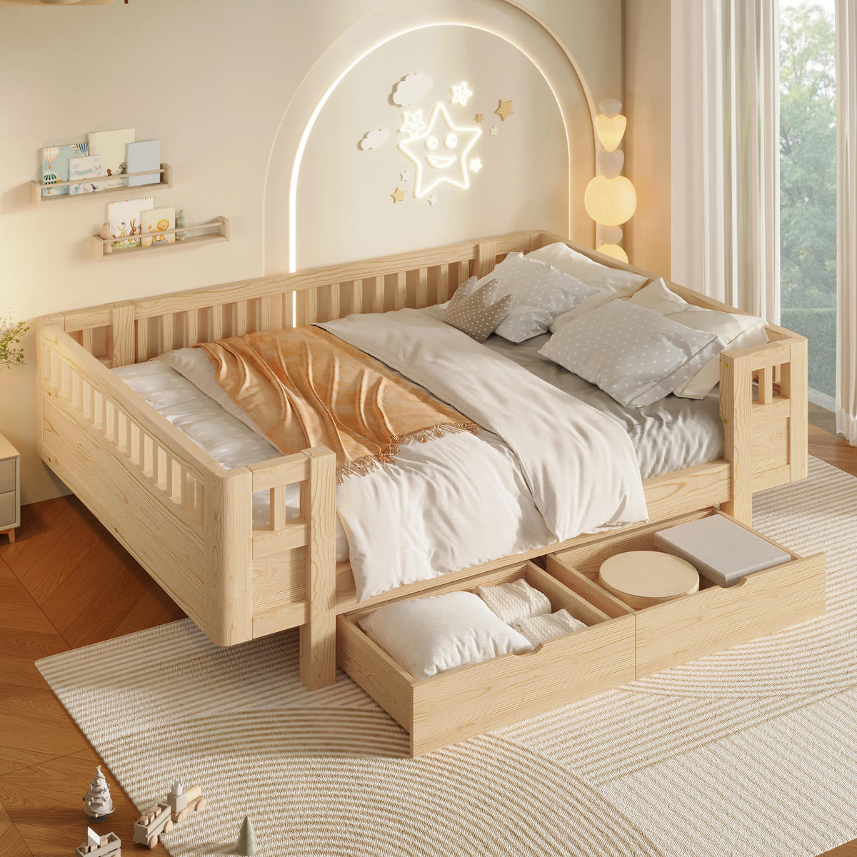 KINDERBETT 140/200 cm in Holzfarben mit 2 Schubladen Massivholz Skandi-Design - Naturfarben, Holzwerkstoff (140/200cm) - STILVORA