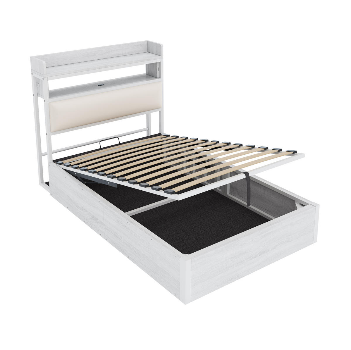 POLSTERBETT aus Metall, MDF und Stoff 90x200 cm Weiß mit USB-Anschluss, hydraulischem Bettkasten und Kopfteilablage - Weiß, Metall (90/200cm) - Modfu