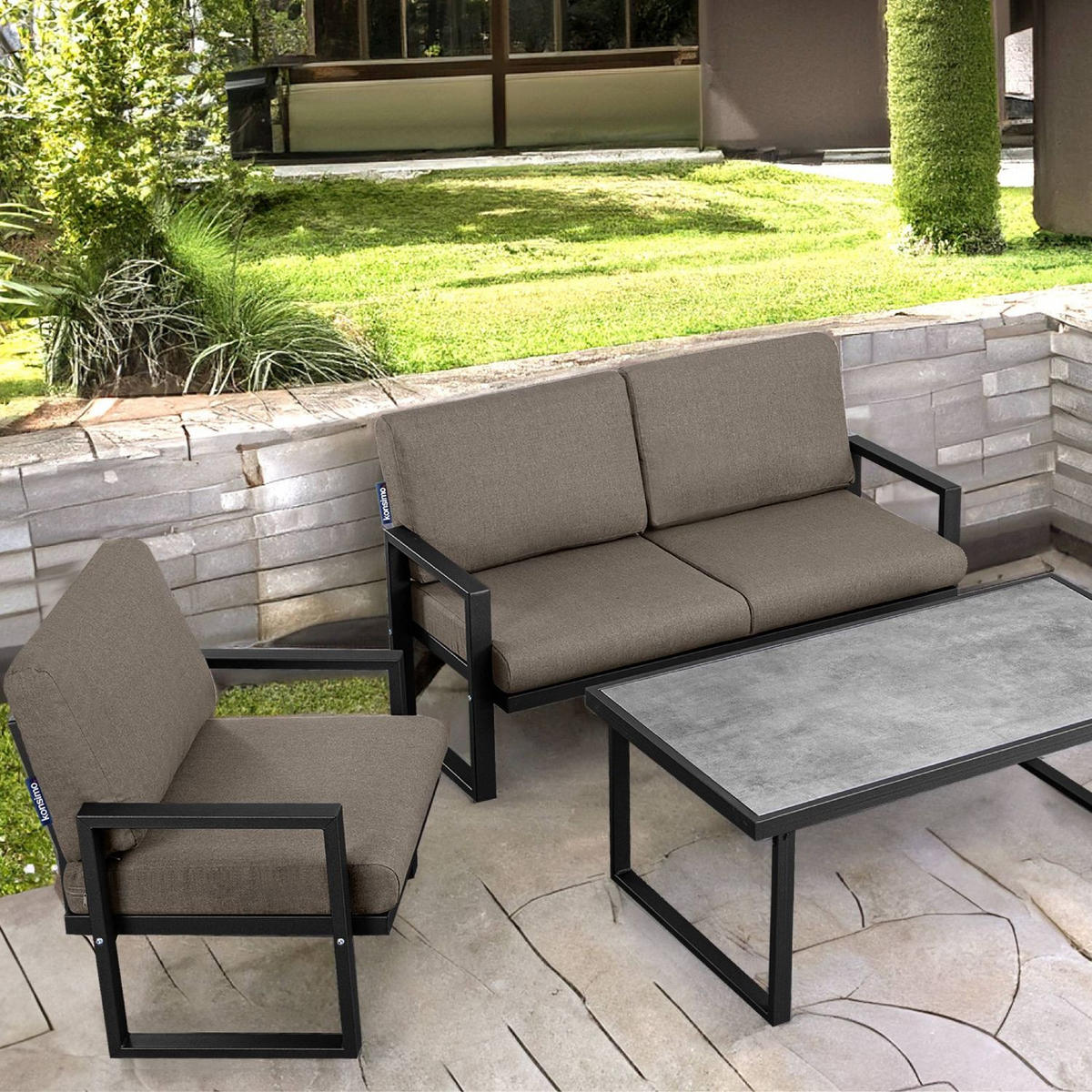 GARTENSESSEL FRENA ,Schwarz/Beige - Beige/Schwarz, Textil/Metall (70/65/60cm) - KONSIMO®