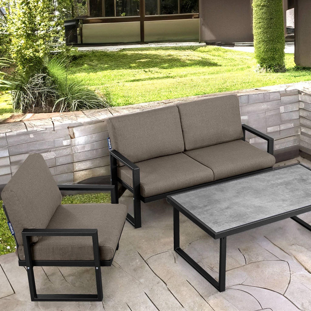 Thumbnail - Konsimo® Gartensofa, Schwarz, Beige, Metall, Textil, 130x65x60 cm, Hergestellt in Europa, Loungemöbel, Gartensofas