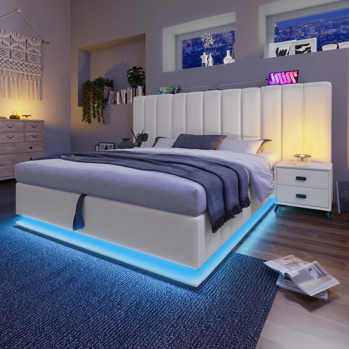 POLSTERBETT mit Bettkasten 180/200 cm in Weiß mit LED-Beleuchtung und USB-C - Weiß, Kunststoff (180/200cm) - BEAOK