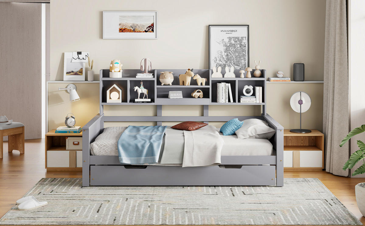 BETT 90/200 cm Grau aus Kiefernholz mit Bett und Stauraum - Grau, Holz (90/200cm) - OKMYHOME