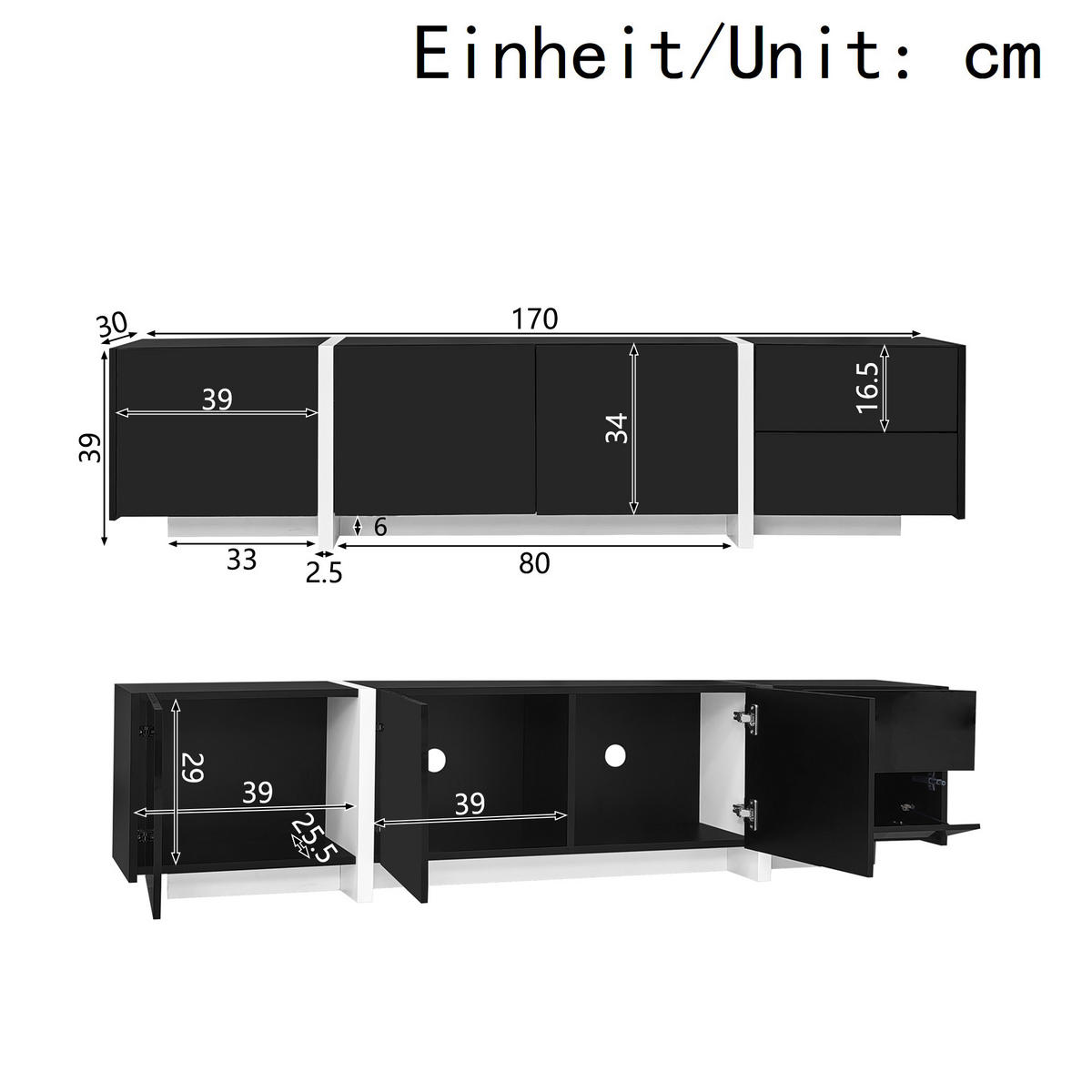 TV-STÄNDER 170/30/39 cm schwarz/weiß Hochglanz mit LED-Beleuchtung und geräumigem Stauraum - Schwarz, Holzwerkstoff (170/39/30cm) - OKWISH