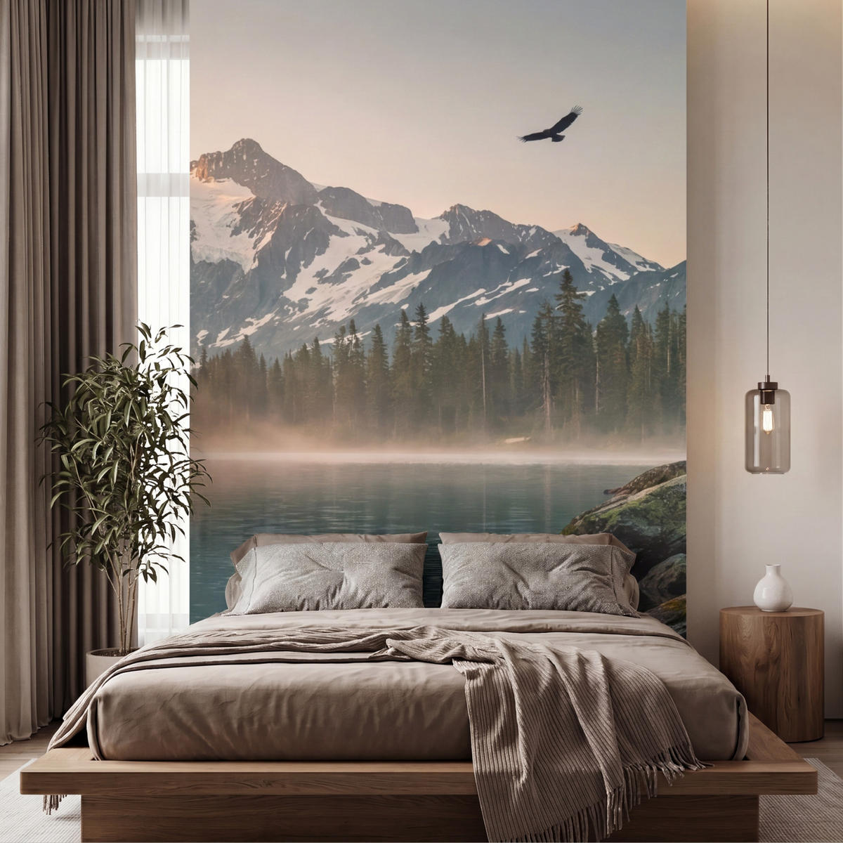TAPETE - Berge - Wasser - Bäume - 180x280 cm - Multicolor, Papier (180/280cm) - OnlyWow
