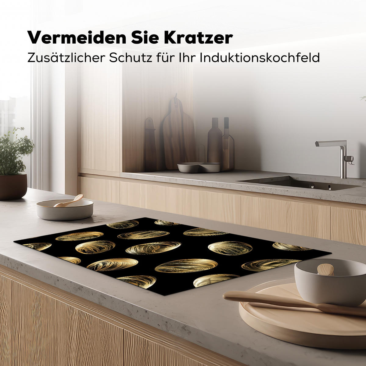 HERDABDECKPLATTE Eier - Gold - Muster Induktionsschutz 81.6x52.7 cm - Schwarz, Kunststoff (81.6/52.7/0.2cm) - MuchoWow