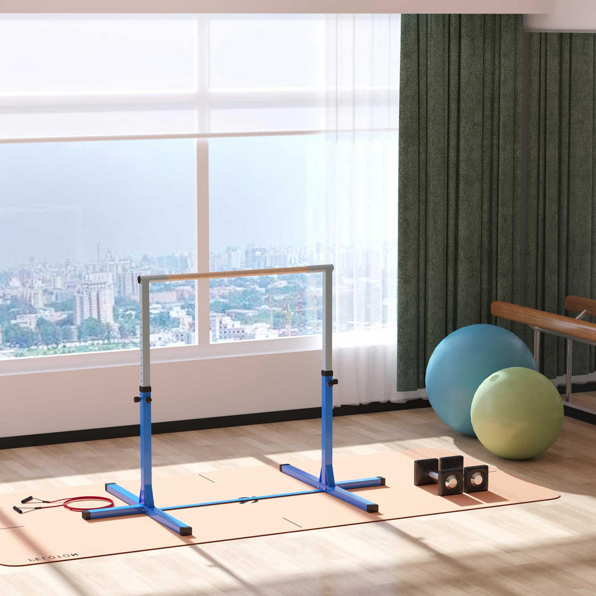 TURNRECK, Buchenholz, Blau, 197B x 121T x 92-150H cm - Blau, Metall (121/194cm) - HOMCOM