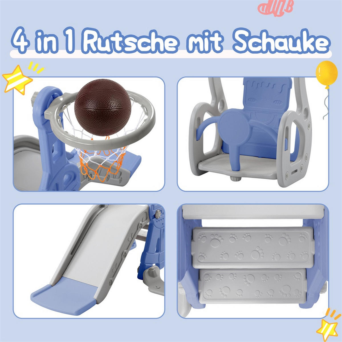KINDERRUTSCHE mit Klettergerüst, Schaukel, Basketballkorb und Leiter - Blau-Grau - 4-in-1 Multifunktions-Spielplatz - Blau, Kunststoff (118/85/140cm) - DELFA