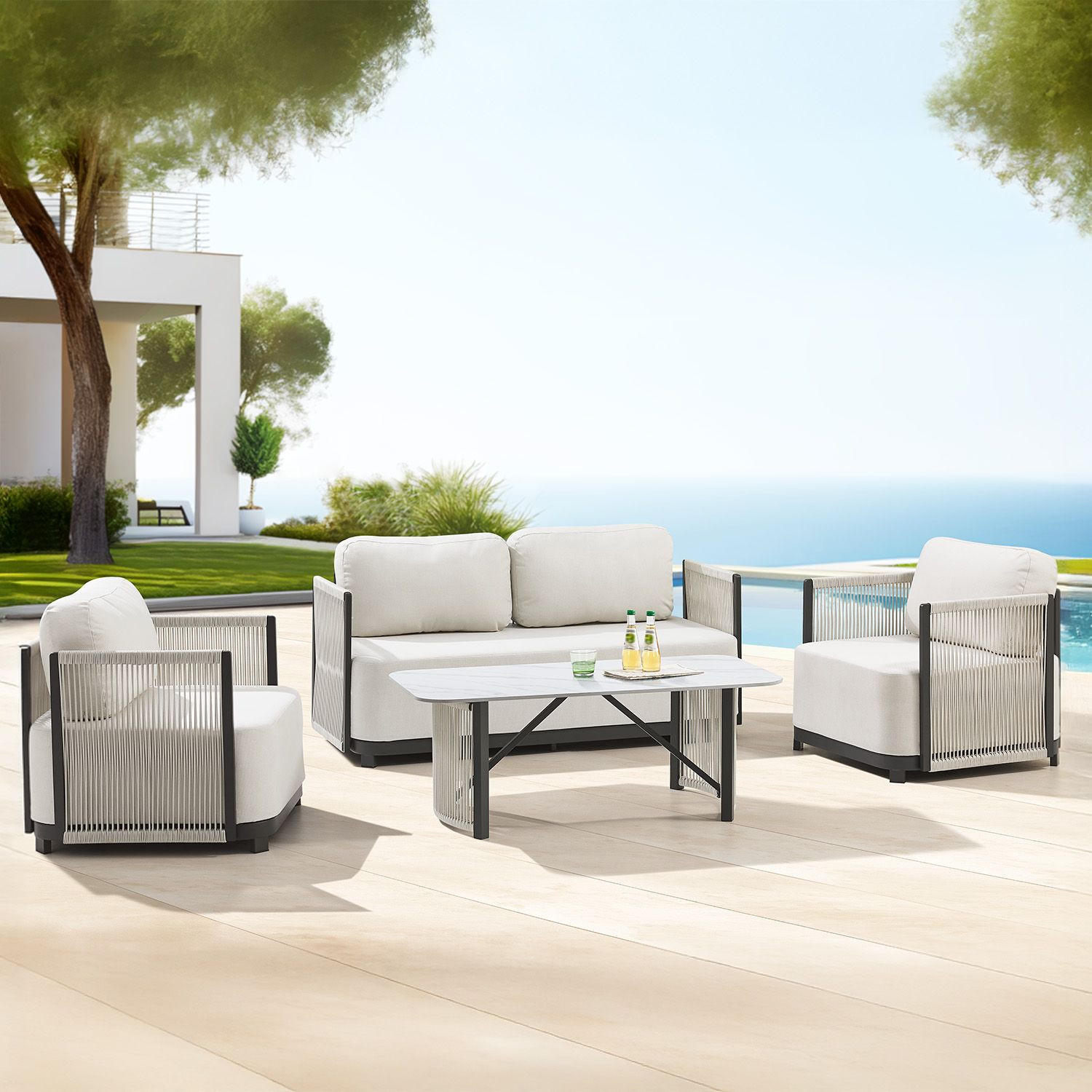 GARTEN-LOUNGE-SET Curacao beige 4-tlg. - Beige, Metall - Juskys