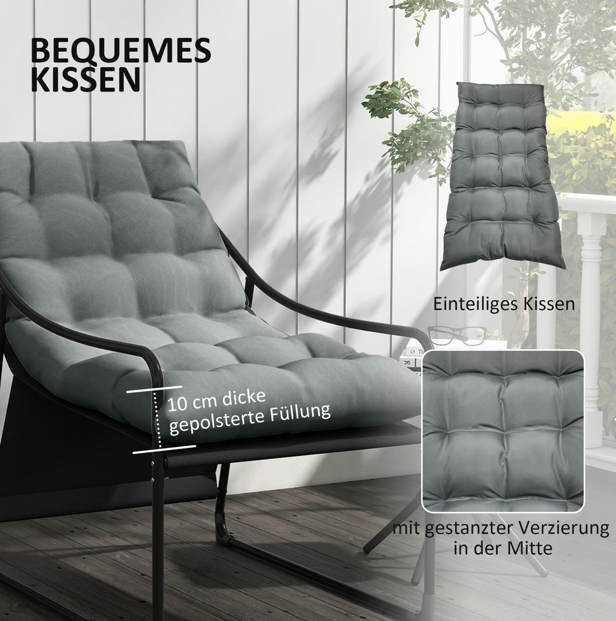 VRTNI naslanjač 110/62/88 cm z nasloni za roke in 10 cm blazino, jeklo, Siva - siva, kovina (62/88/110cm) - Redom
