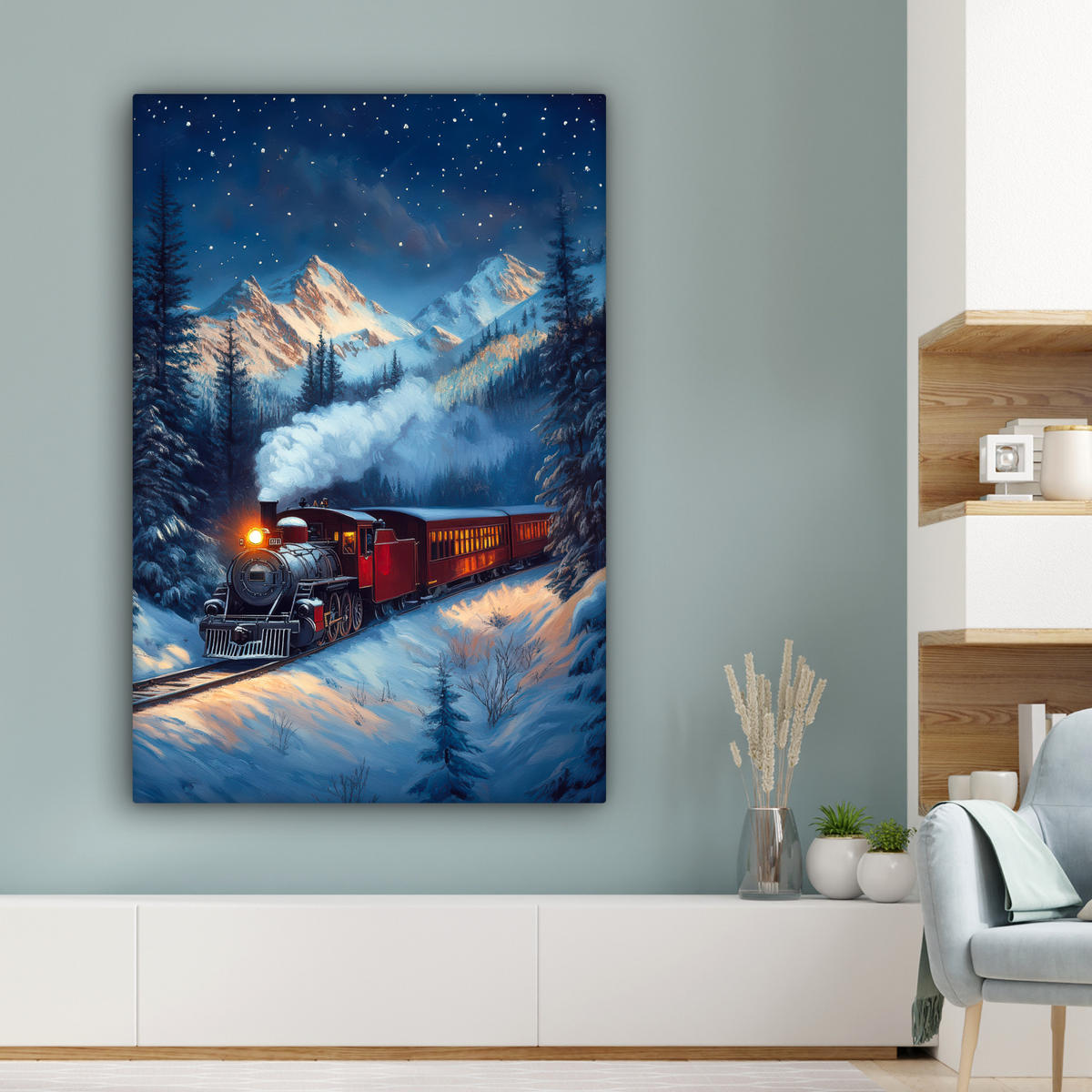 LEINWANDBILD Zug - Weihnachten - Schnee - Weihnachtszug 80x120 cm - Anthrazit, Textil (80/120cm) - MuchoWow
