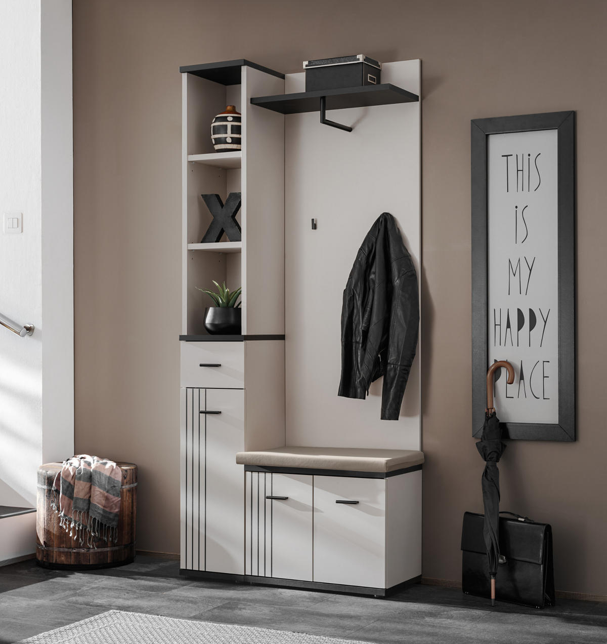 GARDEROBEN-SET 3-teilig Kaschmir, schwarz, Flurgarderobe 90 cm mit Stauraum - Kaschmir/Schwarz, Holzwerkstoff/Kunststoff (90/203/32cm) - Inn.Furn