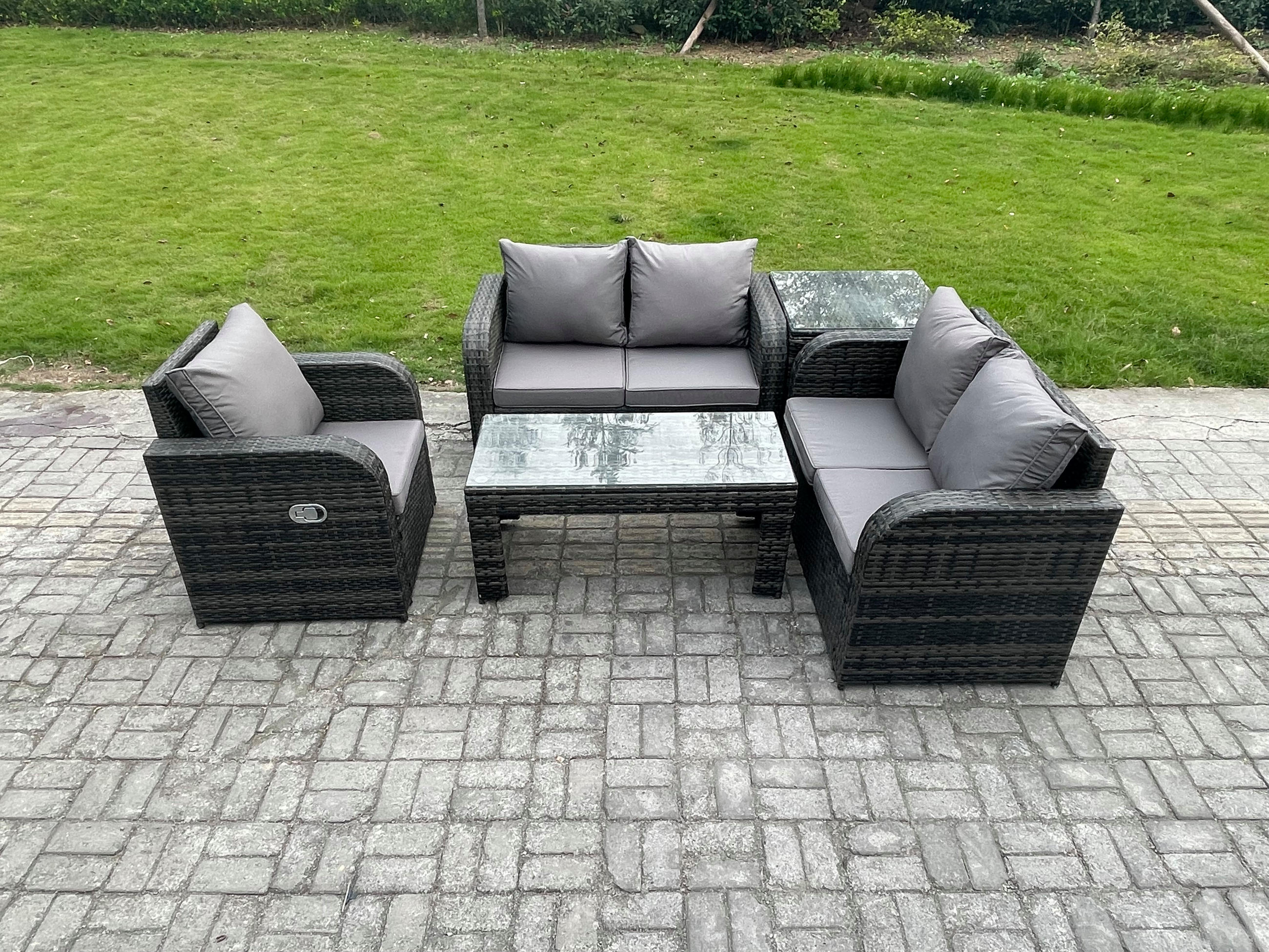 GARTENSOFA SET mit rechteckigem COUCHTISCH Polyrattan 5-Sitzer Dunkelgrau - Dunkelgrau/Grau, Glas/Kunststoff - Fimous