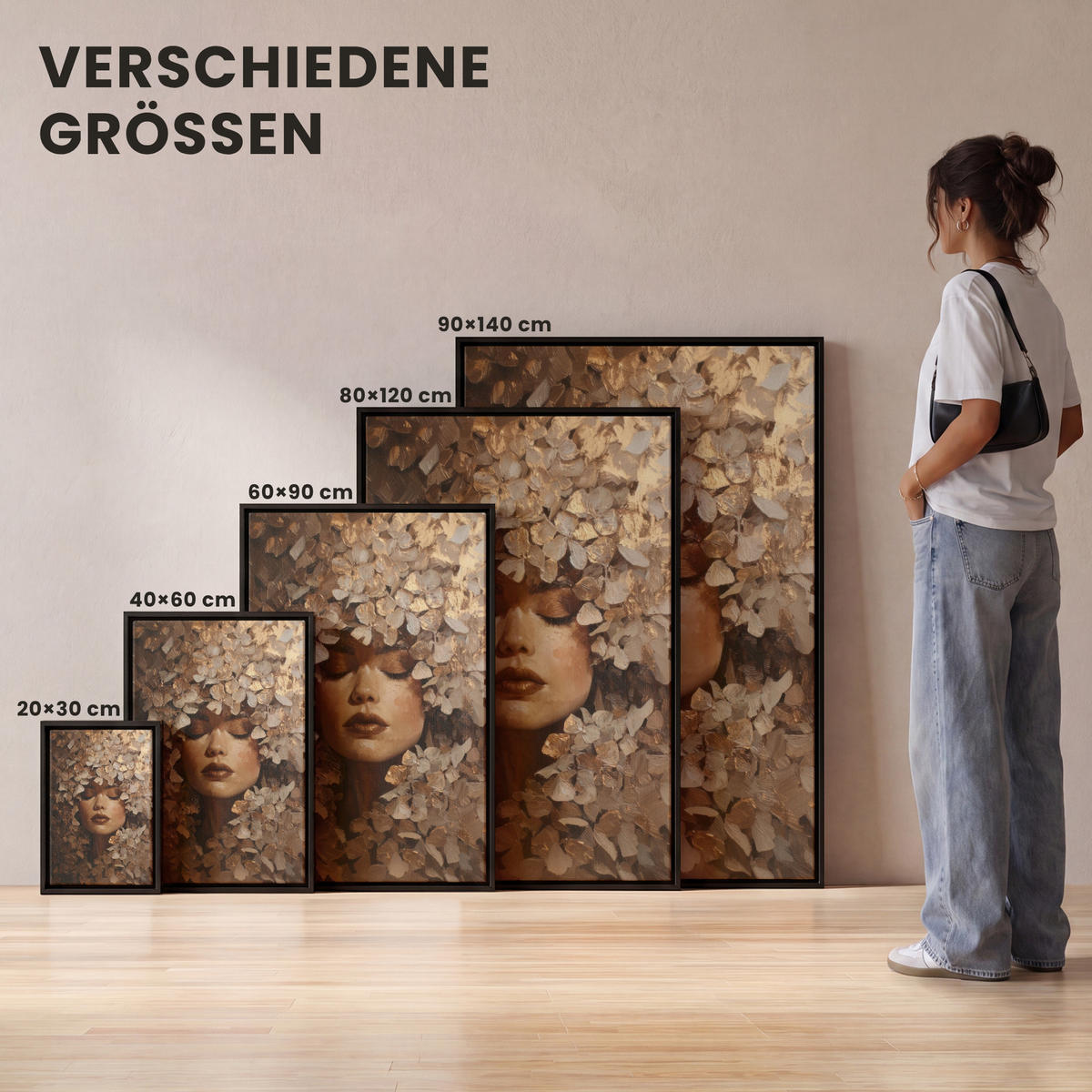 LEINWAND Bilder mit Rahmen - Gesicht - Dame - Blätter - Pinselstriche - 60x90 - Goldfarben, Textil (60/90cm) - MuchoWow