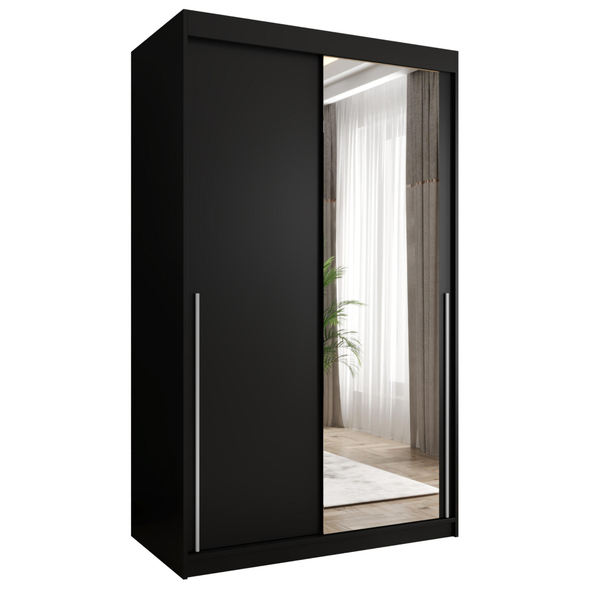 Home Collective SKŘÍŇ S POSUVNÝMI DVEŘMI se zrcadlem, šířka 120 cm, černá se stříbrným úchytem