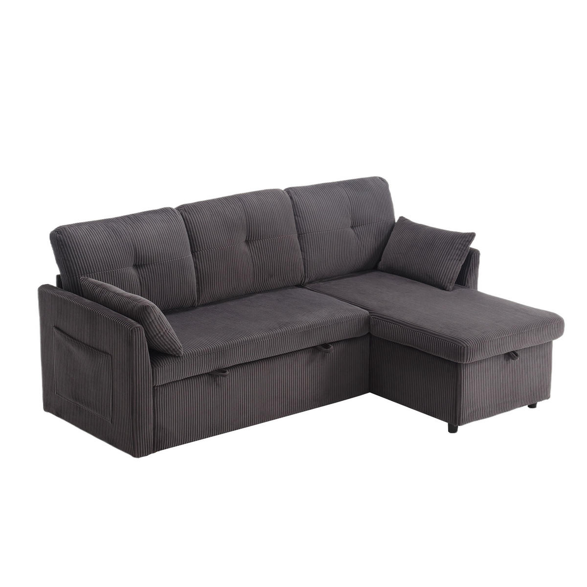 ECKSOFA mit Ausziehbett, verstecktem Stauraum und flexibel links oder rechts platzierbarer Chaiselongue - Dunkelgrau, Textil (206/108cm) - EVRYAE