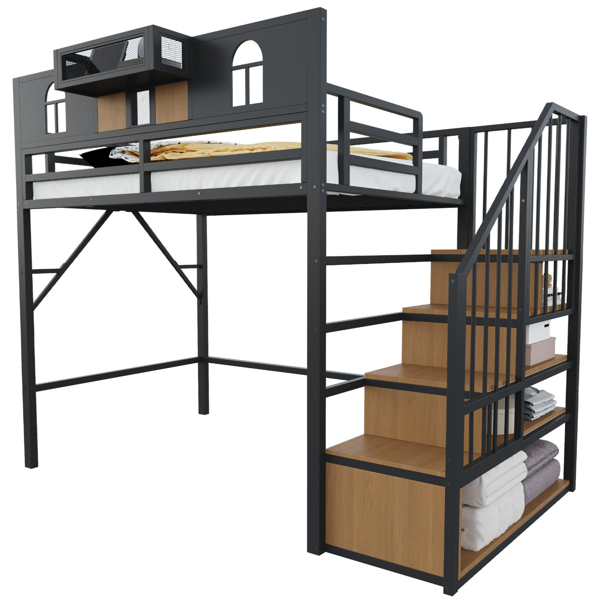 HOCHBETT 90/200 cm aus Metall mit Stauraumleiter und Lichtleiste, Schwarz - Schwarz, Metall (90/200cm) - OKMYHOME