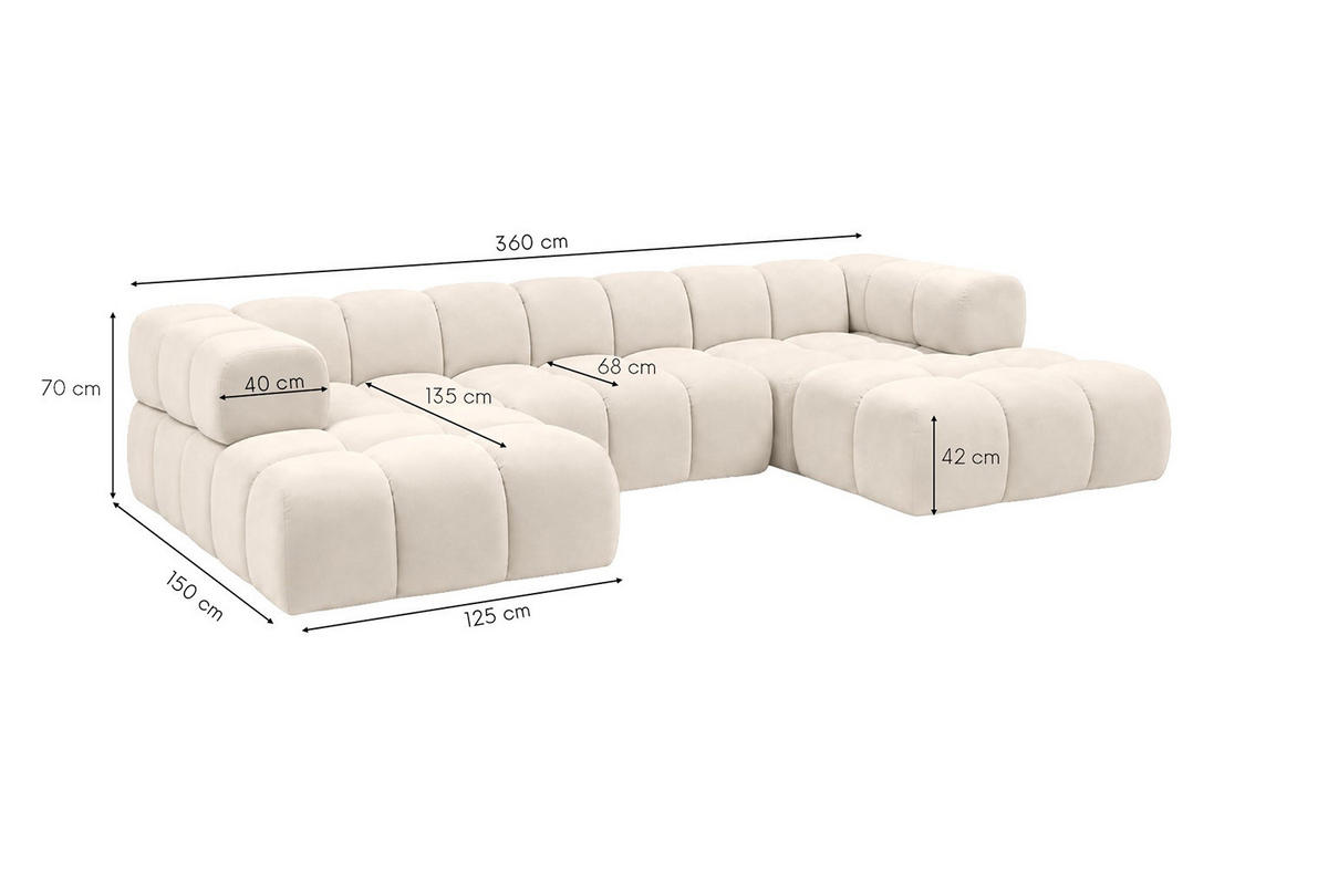 ROHOVÁ SEDAČKA ve tvaru U, velurová tkanina Bluvel, Krémová, Averro U - krémová, dřevo (360/70/150cm) - Kaiser Möbel