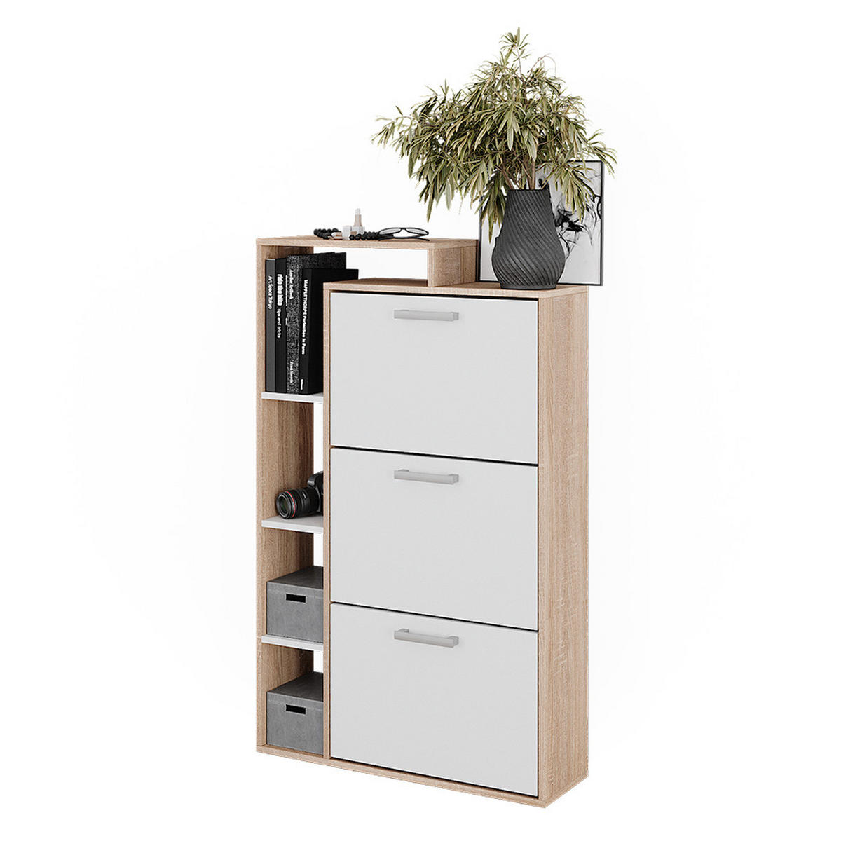 SCHUHKOMMODE Orlando Sonoma 80 x 128.3 cm mit 3 Fächern - Weiß/Sonoma Eiche, Holzwerkstoff (80/128.3/24.2cm) - Vicco
