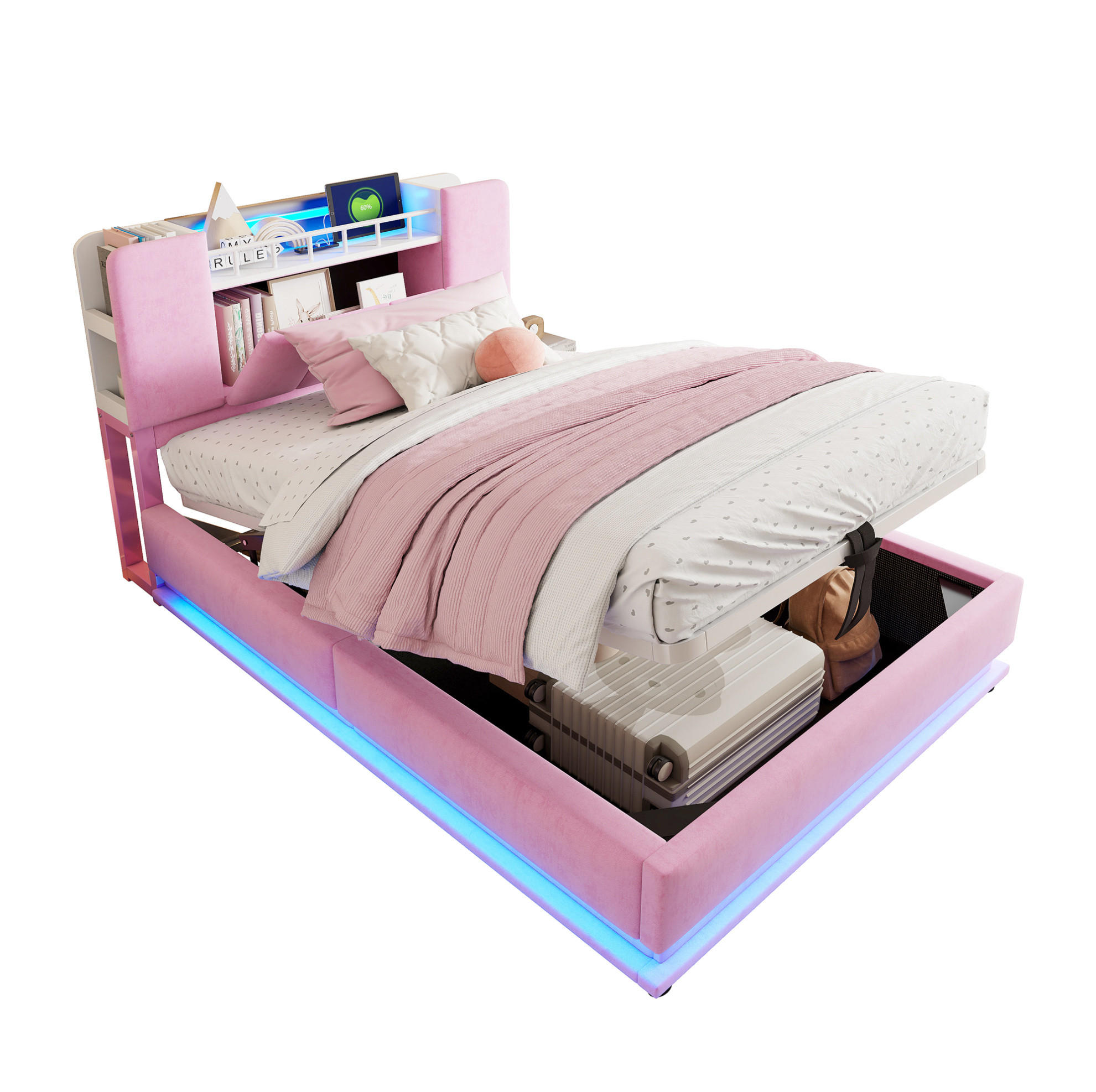 KINDERBETT aus Polsterung 90x200 cm Rosa mit LED-Beleuchtung, USB-Anschluss und hydraulischem Bettkasten - Rosa, Textil (90/200cm) - Modfu