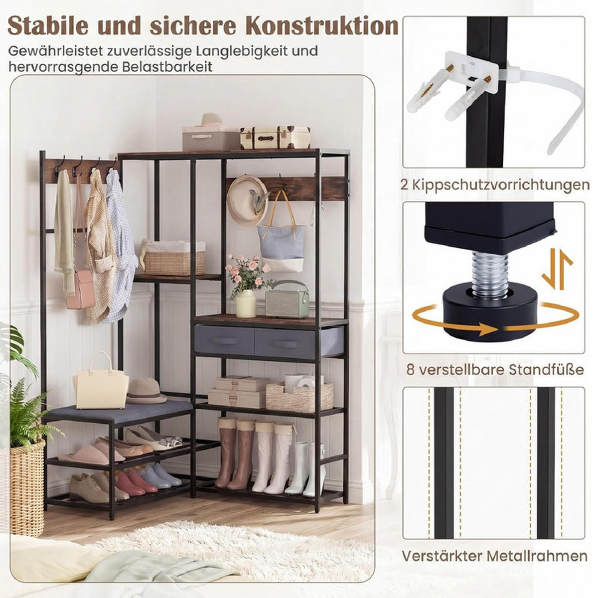 GARDEROBENSTÄNDER mit gepolsterter Sitzbank schwarz - Schwarz, Metall (107/152/99cm) - COSTWAY
