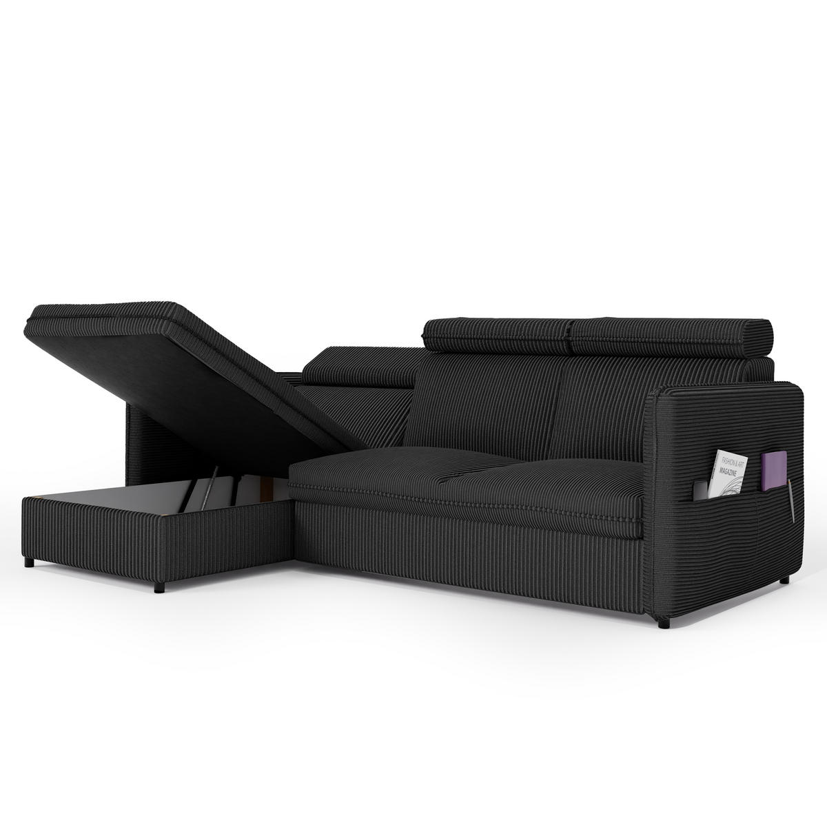 ECKSOFA mit Schlaffunktion und Bettkasten, Schwarz - Schwarz, Holzwerkstoff/Textil (220/140cm) - Idohome