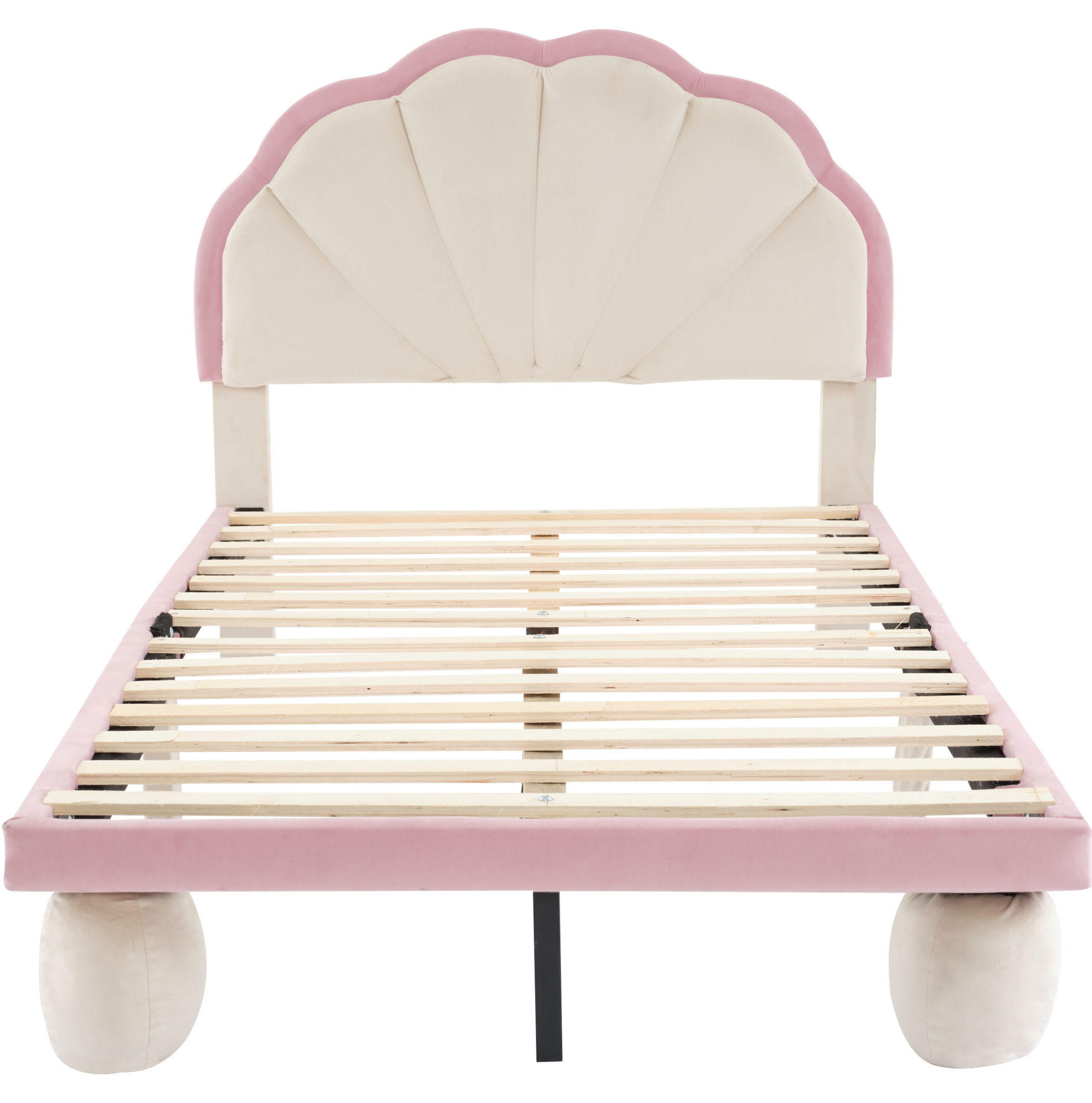 POLSTERBETT 90/200 cm aus Samt mit LED-Lichtstreifen und wellenförmigem Kopfteil Beige/Rosa - Weiß, Textil (90/200cm) - Modenvie