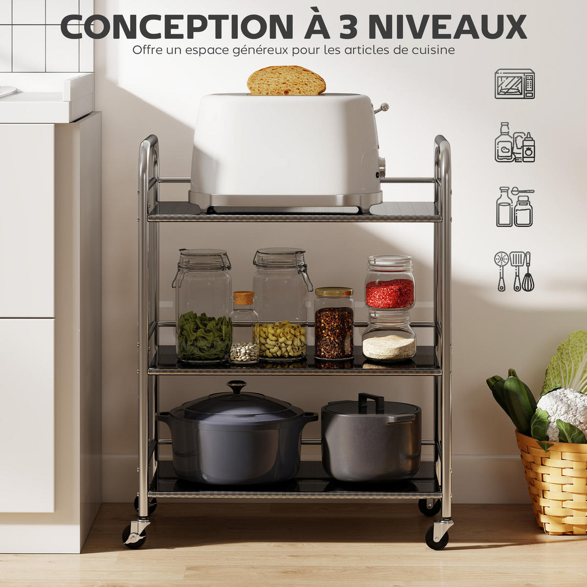 SERVIERWAGEN DE-17131 3 Ebenen Edelstahl 201 Silber - Silberfarben, Metall (35/77/60cm) - ComfortXL