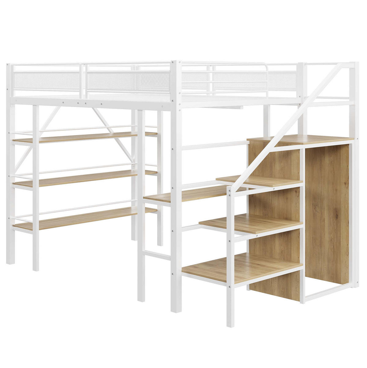 HOCHBETT 140/200 cm Weiß mit Schreibtisch und Dreilagigem Ablageregal aus Metall - Weiß, Metall (140/200cm) - OKWISH