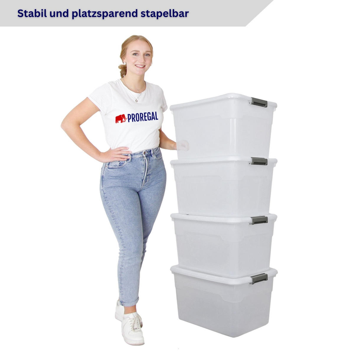 AUFBEWAHRUNGSBOX mit Deckel 60L im 4er Set Extra Groß Rollen transparent stapelbar - Transparent, Kunststoff (58/34/43cm) - PROREGAL
