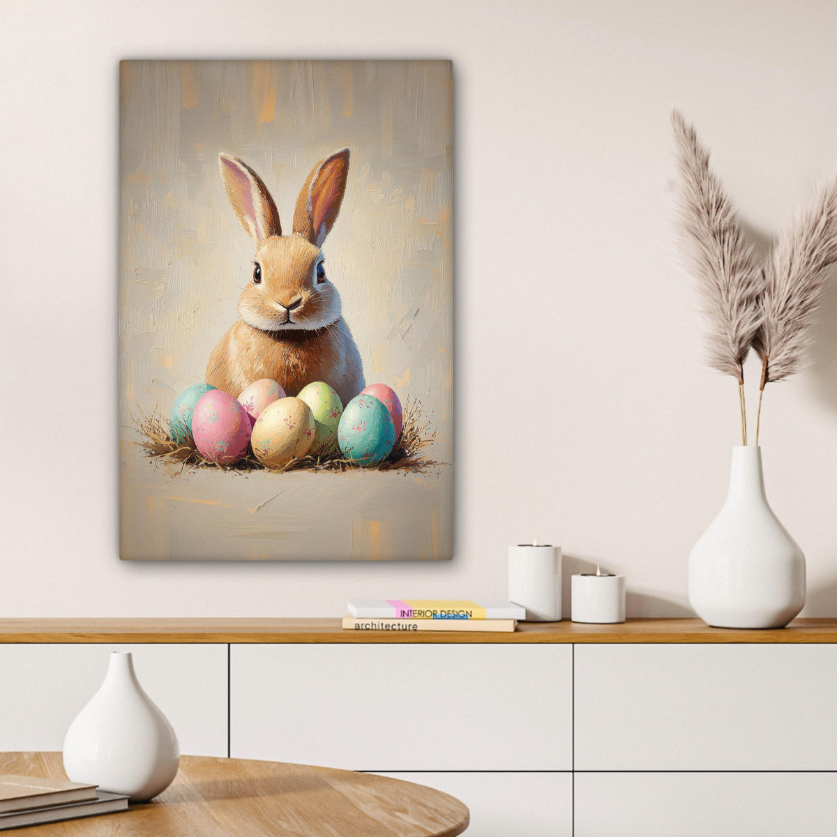 LEINWANDBILD Osterhase - Pastell - Eier Wanddeko Schlafzimmer 60x90 cm - Beige, Textil (60/90cm) - MuchoWow