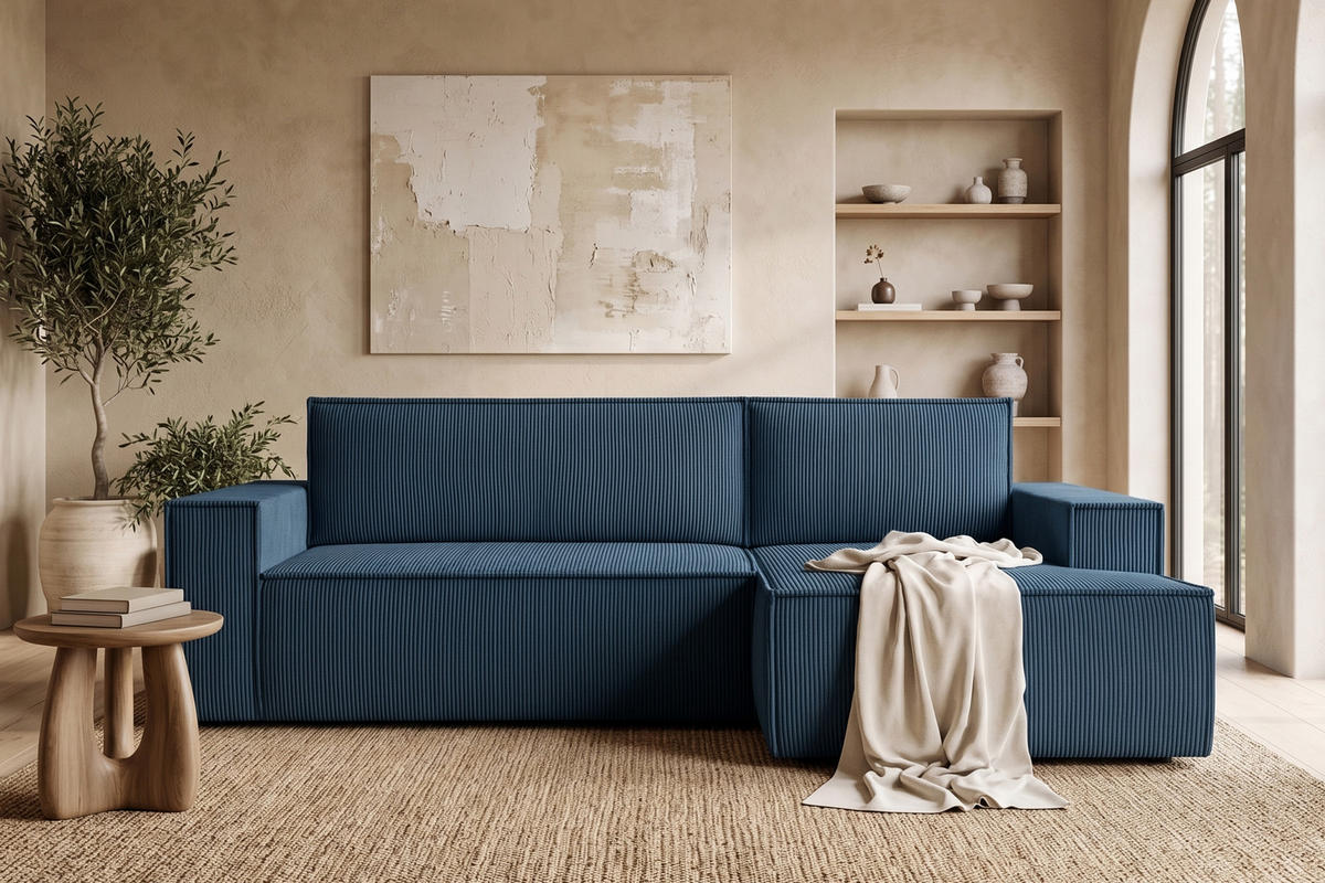 ECKSCHLAFSOFA-RECHTS NAPI in Pet Friendly Cord-Stoff, marineblau - Blau/Schwarz, Textil (262/148cm) - KONSIMO®