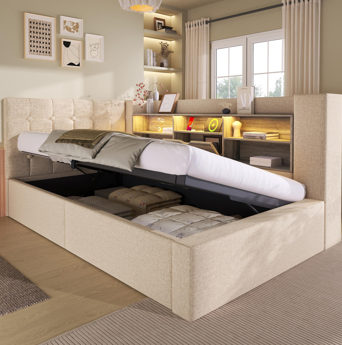 BETT mit Stauraum und LED 90x200 cm Leinen Beige - Beige, Metall (90/200cm) - Meubliv
