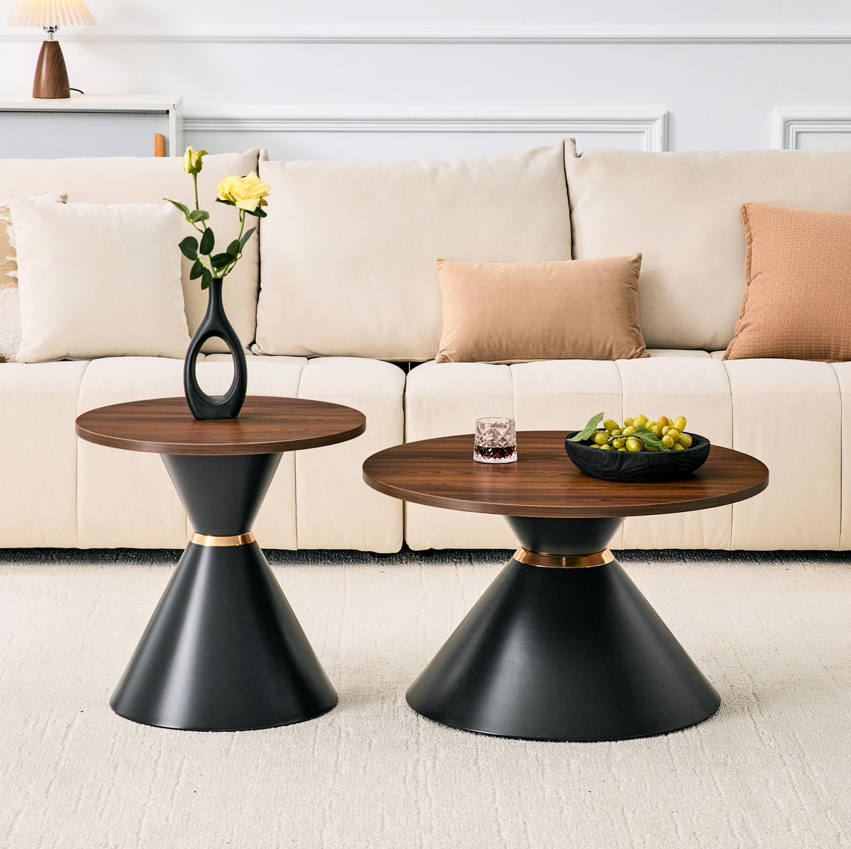 COUCHTISCH-SET aus Metall und Melamin Ø70/42 cm Walnussoptik/Schwarz mit goldener Zierleiste - Walnussfarben, Metall (70/70/42.5cm) - IVMEU