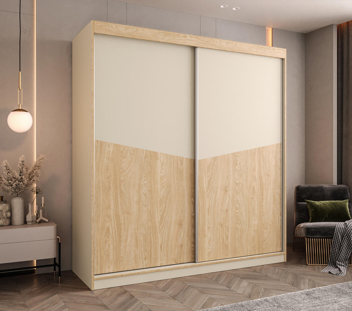 SCHIEBETÜRENSCHRANK DUBLIN 200, 2-türig Kleiderschrank, Moderne Garderobe, Schrank in Größe: 200 x 215 x 65 cm - Beige/Braun, Holzwerkstoff (200/215/65cm) - O-Sofa